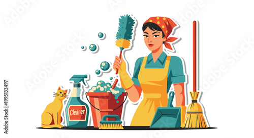 Woman Holding Cleaning Brush and Supplies.