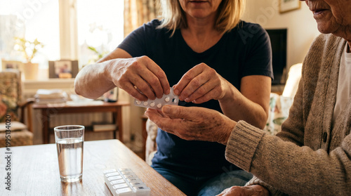 Caregiver helping elderly woman take daily medication pills