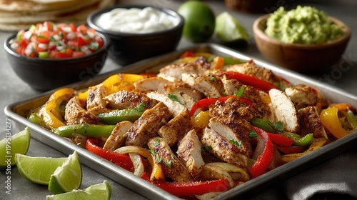 Colorful chicken fajitas with fresh toppings