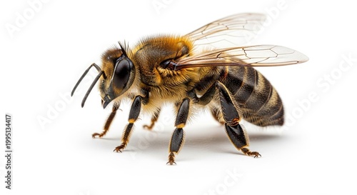 A fuzzy honey bee standing steadily on a surface while foraging for nectar as a hardworking pollinator essential for nature health and agricultural sustainability within the global ecosystem