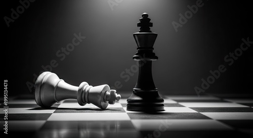Black king stands tall over the defeated white king on the board during a challenging match representing a strategic victory and the ultimate triumph of leadership over the opponent in