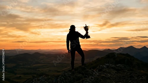 Silhouette Hiker Holding Trophy Sunset
