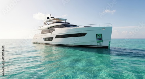 Luxury motor yacht cruising across the turquoise waters of a tropical sea on a sunny day representing leisure travel and wealth with a large vessel navigating through the calm ocean waves