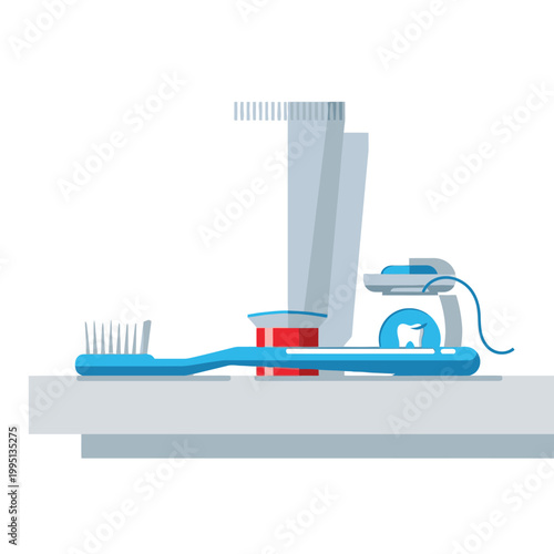 Toothbrushes and toothpaste on countertop.