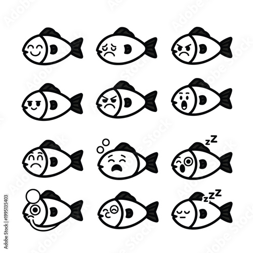 Cartoon fish with various emotions.