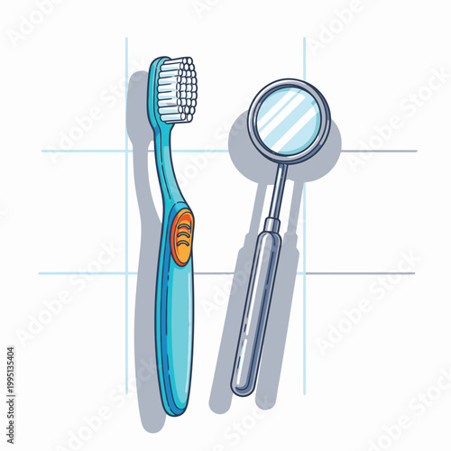 Toothbrush and dental mirror closeup.
