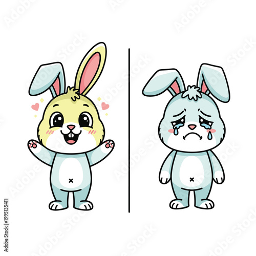 Two Cartoon Rabbits with Different Emotions.