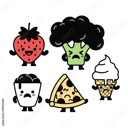 Cartoon food characters with faces.