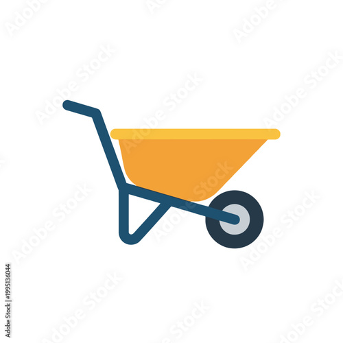 Orange wheelbarrow with blue handles and wheel on white background, simple icon