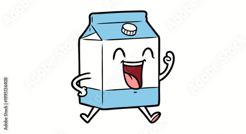 Happy Milk Carton Cartoon Character Running with Joy on Isolated White Background