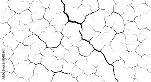 Abstract Black Cracks Pattern with Large Fracture on Isolated White Background
