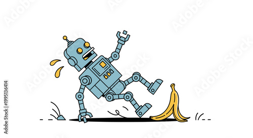 Clumsy Robot Cartoon Character Slipping on Banana Peel on Isolated White Background