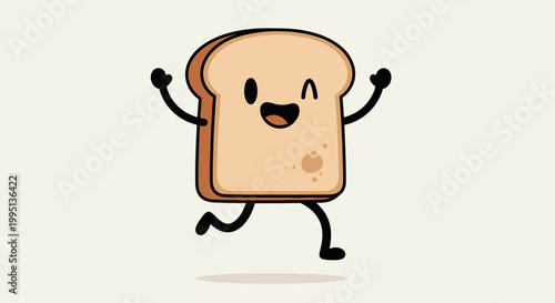Happy Toast Bread Cartoon Character Running with Joy on Isolated White Background