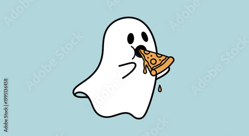 A ghost eating a slice of pizza.