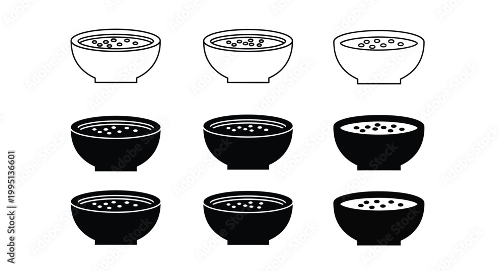 Fototapeta premium Nine bowls of food depicted in a minimalist black silhouette