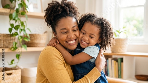 Mother Daughter Love. Happy Black Woman Hugging With Her Child At Home
