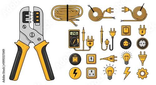Electrician tools and electrical icons set.