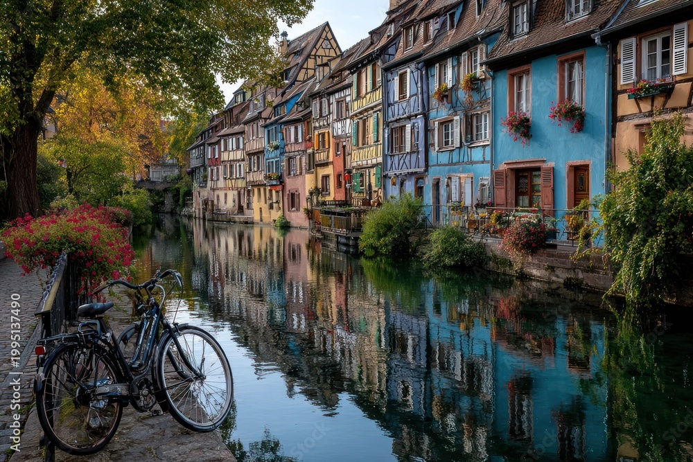 Fototapeta premium Charming European Canal Scene with Vibrant Houses and Bike