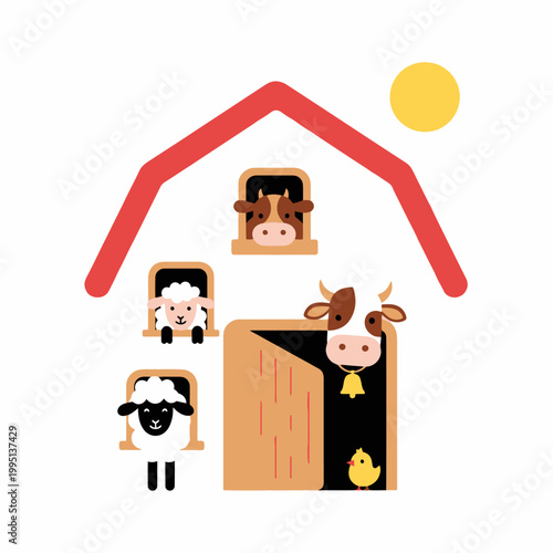 Cute Farm Animals in Barn with Sun - Illustration