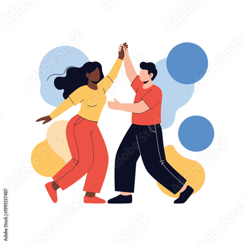 Diverse couple dancing and celebrating, abstract background