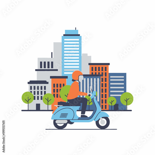 City Scooter Delivery Person Riding Through Urban Landscape