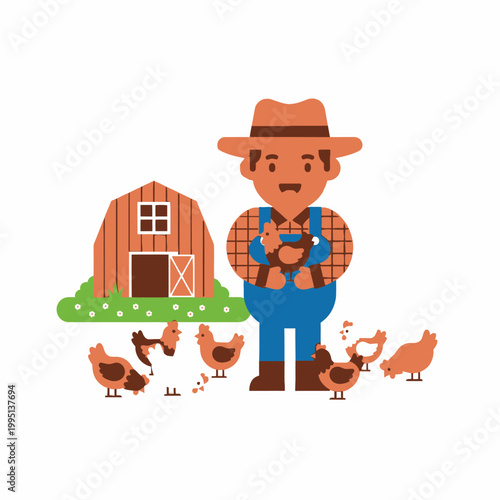 Happy Farmer Holding Chicken with Flock and Barn - Flat Design