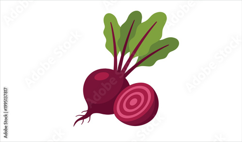 Fresh beetroot vegetable with green leaves and sliced half piece isolated on white background