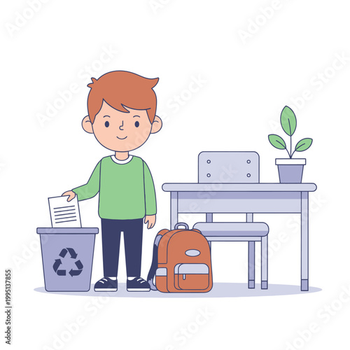 Boy recycling paper at school desk with backpack and plant