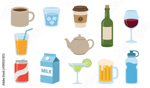 Assorted beverage icons collection featuring coffee tea wine beer milk and refreshing cold drinks