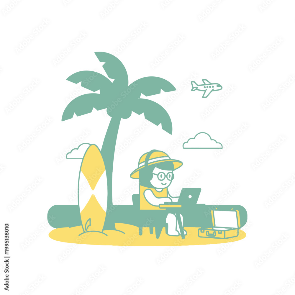 Fototapeta premium Freelancer working on laptop on tropical beach with surfboard and palm tree