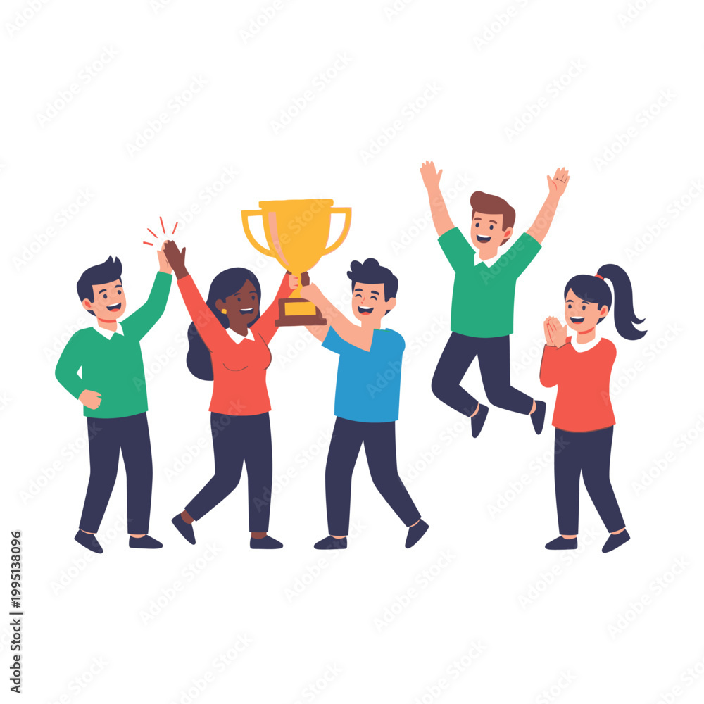 Fototapeta premium Diverse team celebrates victory, holding a gold trophy and cheering with joy.