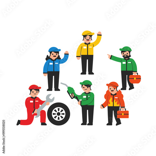 Diverse team of mechanics and gas station attendants working together, vector illustration
