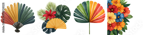 Cultural mothers day tradition, Four vibrant tropical floral and leaf arrangements featuring colorful hibiscus flowers and fan-shaped palm leaves in various hues.