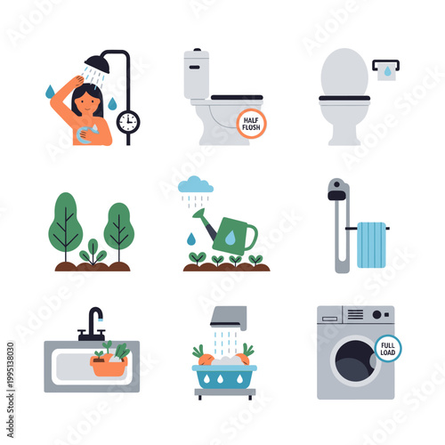 Water Conservation Icons: Shower, Toilet, Garden, Sink, Washing Machine