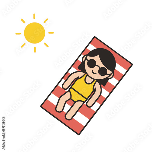 Happy girl in swimsuit sunbathing on striped towel under bright sun