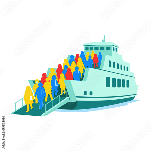 People boarding a ferry boat, colorful silhouette illustration