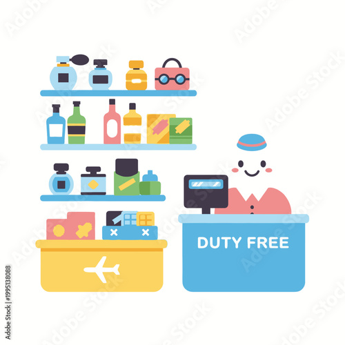 Smiling employee at duty-free shop counter with shelves of perfumes, cosmetics, and gifts.