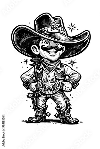Black and white cartoon illustration in a vintage western style depicting a smiling cowboy with a sheriff's badge