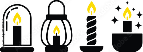 Set of simple black and yellow candle and lantern icons for home lighting Vector