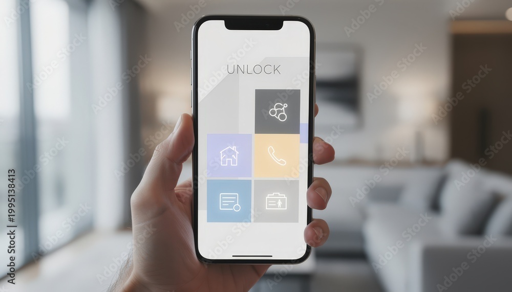 Fototapeta premium Smartphone screen in clear focus displaying a digital unlock app interface for multiple rental units the users hand and interior space subtly blurred behind.
