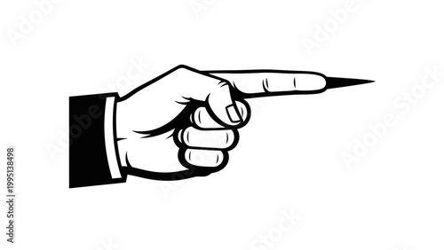 Hand pointing right with sharp index finger, business suit sleeve, directional gesture, decision making