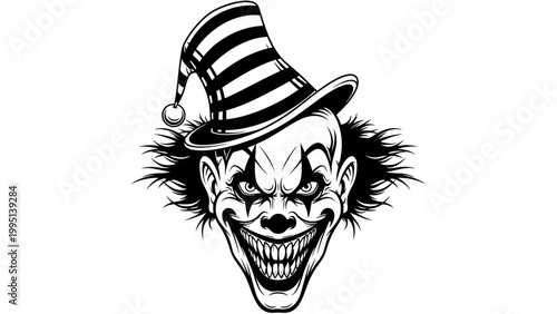 Scary Evil Clown Face with Striped Hat, Horror Halloween Character, Grinning Menacingly