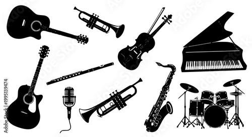 Music Instrument Silhouette Collection Guitar Piano Drum Vector Illustration Set