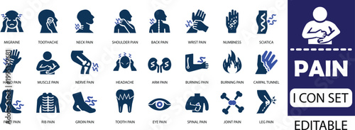pain icon set - solid icon collection vector  illustration design. Pain is the quiet language of the body, whispering truths the soul cannot ignore.