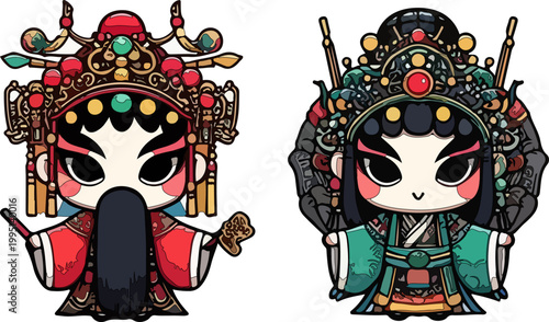 Vector Illustration Bundle of Eight Adorable Chibi Chinese Opera Characters, A Perfect Set of Cute Traditional Cultural Icons with Detailed Costumes and Headdresses for Various Creative Design Needs.