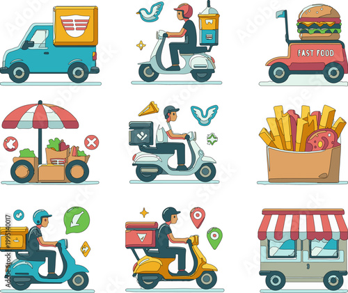 Vector Illustration of Burger Restaurant, Food Delivery Scooter, and Takeaway Drinks Concept.