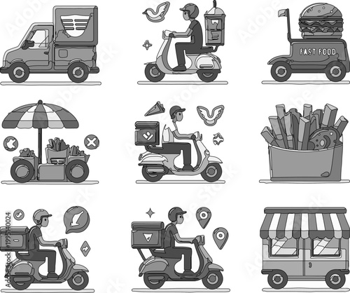 Vector Illustration of Burger Restaurant, Food Delivery Scooter, and Takeaway Drinks Concept