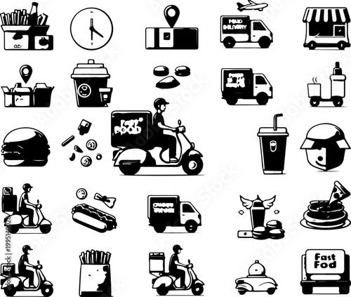 Vector Illustration of Burger Restaurant, Food Delivery Scooter, and Takeaway Drinks Concept