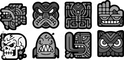 Vector illustration set of 32 unique colorful patches and decorative icons in ethnic tribal style for brand identity, badge design, and artistic print-on-demand products