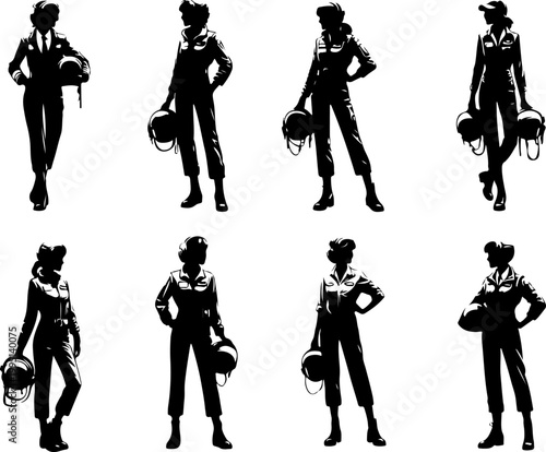 Vector sketch illustration of a silhouette design of a female airplane pilot with fighter jet flying skills